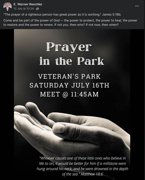 flyer of two hands held in prayer that says prayer in the park with the millstone quote described in the paragraph below on it