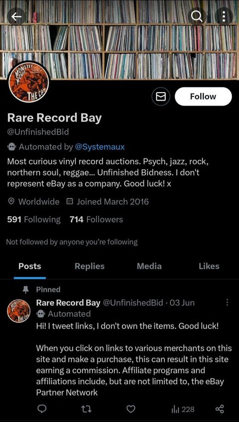 The twitter page for Rare Record Bay, a bot page that posts ebay listings for rare records