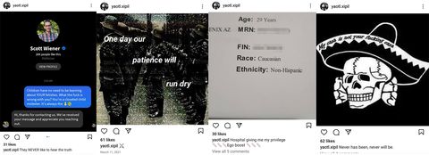 instagram posts from left to right: Roxy Rodriguez messaging State Senator Scott Weiner and calling him a pedophile, a meme of Nazi soldiers with the caption 'some day our patience will run dry,' a medical document stating Rodriguez is age 29 and 'caucasian, non-hispanic' and rightmost, a totenkopf skull with a sombrero