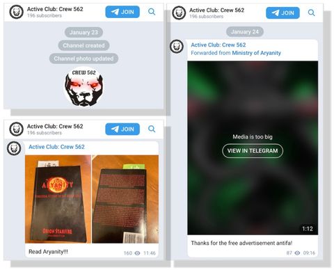 Three screenshots taken from an archived Telegram account. The first screenshot shows a creation date of January 23 [2022] and the channel photo features a black-and-white silhouette of a pitbull dog with glowing red eyes and the words “Crew 562” written across the forehead. The second screenshot shows a post that includes two images of a book titled “Aryanity” by Orion Starfire, and the caption reads: “Read Aryanity” with three exclamation points. The third post is dated January 24 and shows that a video was forwarded from another Aryanity Telegram channel and the caption reads “Thanks for the free advertisement antifa!”