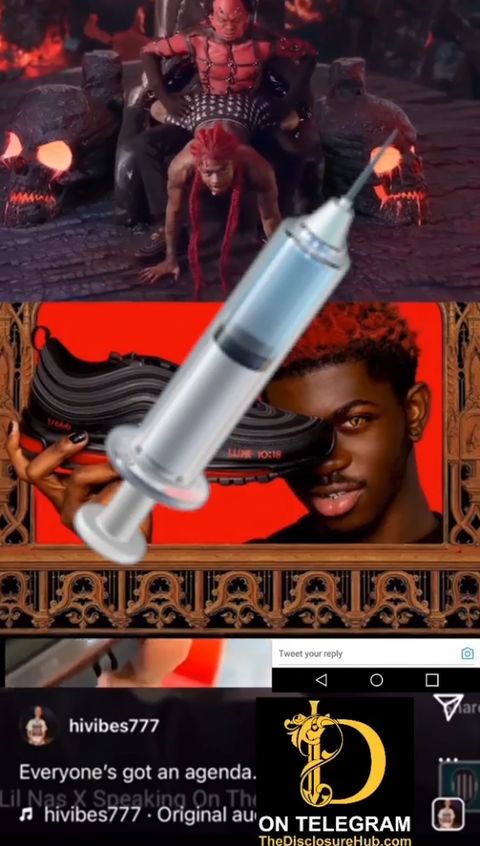 This image is a screenshot of a Tik Tok video. The top of the frame is a still from a Lil Nas X music video in which he dances on a cartoonish muscular Satan. The middle of the frame is an image of Lil Nas X selling custom-made sneakers that contain blood—Lil Nas X is holding the shoe in front of his eye. The bottom of the frame consists of the DisclosureHub logo advertising Felix's telegram, and informational remnants from the Tik Tok account which reposted the Lil Nas X interview