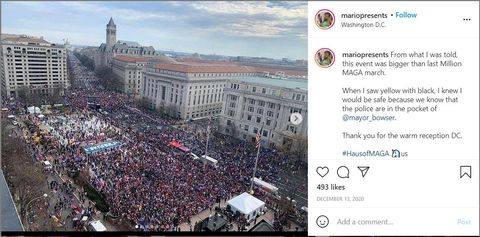 Instagram screencap of one of Mario Estrada's posts from the December 12th 'Million MAGA March' showing a huge crowd marching down a street. He says 'When I saw yellow and black I knew I would be safe because we know that the police are in the pocket of Mayor Bowser.' Yellow and black is the uniform of the Proud Boys.