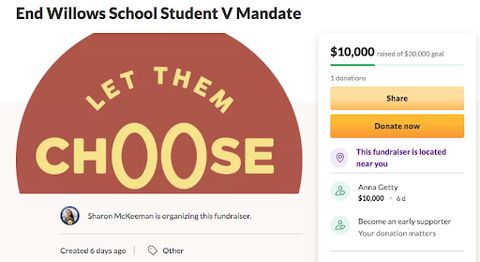 Screenshot of the 'end willows school district v mandate' page with Anna Getty donating ten thousand dollars