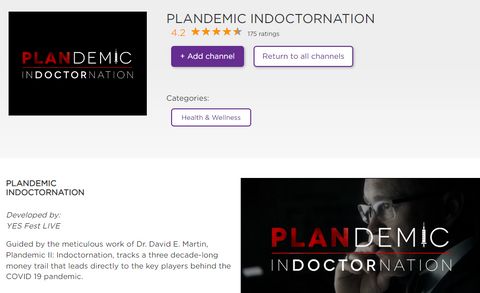 This is a screenshot of the channel page for PLANDEMIC INDOCTORNATION [sic]. It has slides with the logo for the film: The word Plandemic with 
