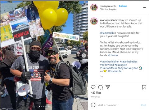 Instagram screencap of one of Mario Estrada's posts where he gives a thumbs up while posing next to someone in a neo-Nazi 'super straight' shirt