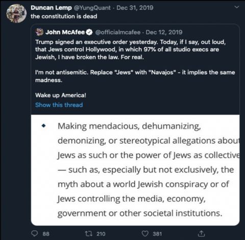Duncan Lemp's last tweet, quoting an anti-Semitic rant by John McAfee.