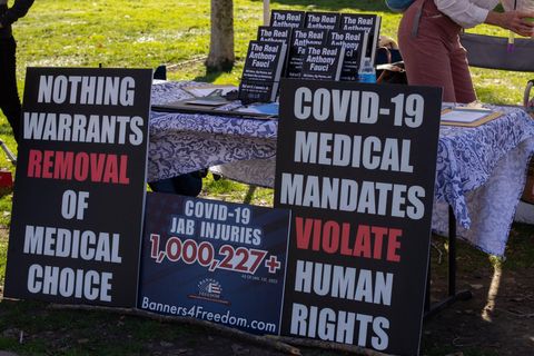 Three signs stand up against a table with a floral tablecloth covering it. The signs include one that says 'nothing warrants removal of medical choice,' another says 'COVID-19 jab injuries 1,000,227+,' and the last one says 'COVID-19 medical mandates violate human rights.' On the table, several copies of Robert F. Kennedy's 'The Real Anthony Fauci: Bill Gates, Big Pharma, and the Global War on Democracy and Public Health' are stacked up ready for purchase.
