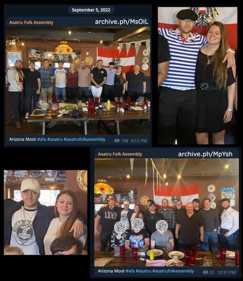 Two posts from Asatru Folk Assembly moots showing group shots with Drago and Krogstad. The top photo shows Drago dressed as a stereotypical Frenchman with a black beret and striped shirt, Krogstad is wearing a black dress and her Thor’s Hammer necklace. Alongside them include Sam Ramsey in his Asatru Folk Assembly branded shirt and other affiliated with the movement. The restaurant they’re all in has yellow glass lamps and the Austrian flag displayed. The bottom photo shows mostly the same crowd at the same restaurant but Krogstad and Drago are both wearing white shirts and their Thor’s Hammer necklace in this shot. Both are captioned “Arizona moot #afa #asatru #asatrufolkassembly.”