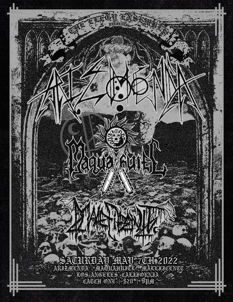 Flyer for Maquahitl's show in grey and black with two other bands' logos overlayed on top of an image of a crypt full of skulls