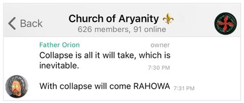 Telegram post by Father Orion which reads: “Collapse is all it will take, which is inevitable. With collapse will come RAHOWA.”