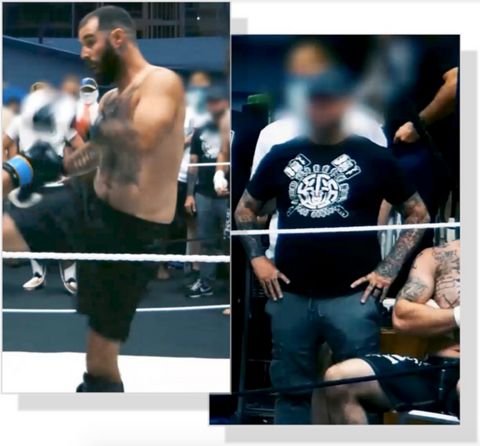 (Left) A color still of Patrick Kelly Mushaney, he is shirtless and wearing black shorts as he kicks towards his opponent. He has short dark hair, dark full beard, and a massively receding hairline. His tattoos are blurry because this is a video still, but frankly they are pretty ugly anyway so you aren’t missing much. Behind him, the faces of the audience have been sloppily edited out in an attempt to conceal their identities (lol). | (Right) A color photo of Joseph Sty wearing a black short sleeve shirt with white screen printing of crossed hammers and some sort of Odin-esque graphic. His heavily tattooed arms are identifiable in part due to the Celtic cross on his left forearm, as well as others on his hands and fingers. He appears to be wearing a black wedding ring (yikes).