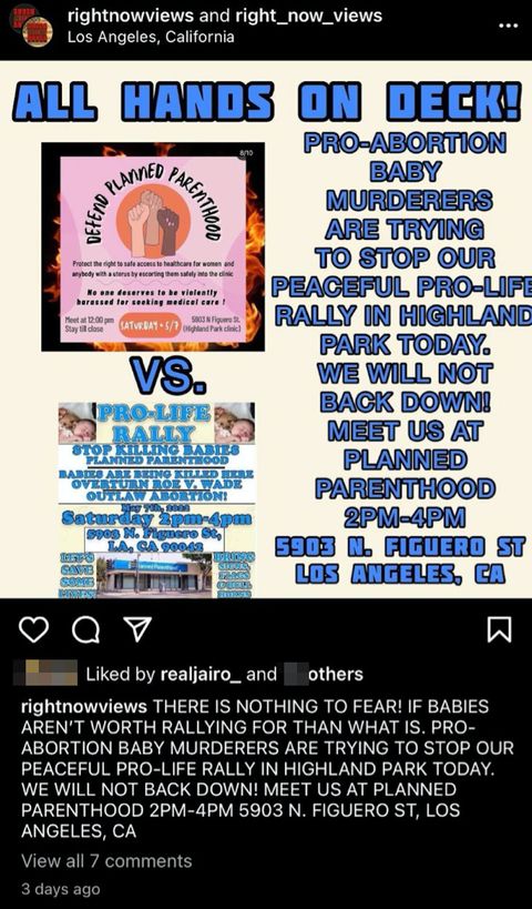 anti-abortion flyer with the title 'all hands on deck!' followed by the declaration that 'pro-abortion baby murderers are trying to stop our peaceful pro-life rally in highland park'