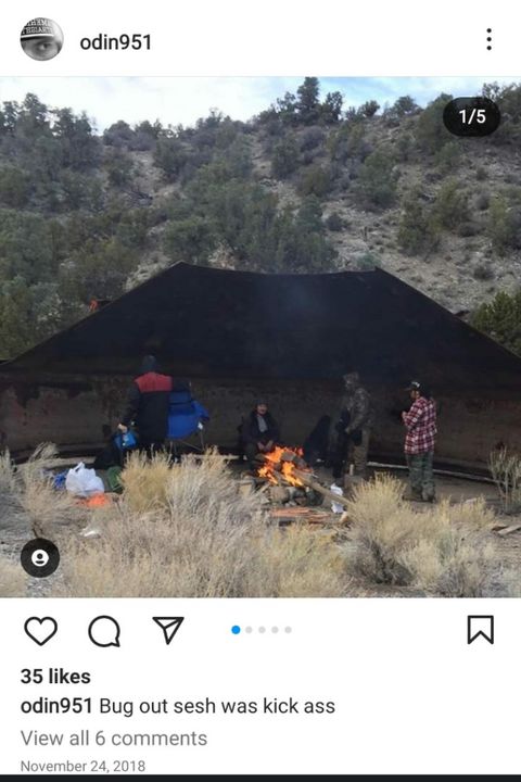 instagram post of people camping in the rail facility with a bonfire. caption says "bug out sesh was kick ass"