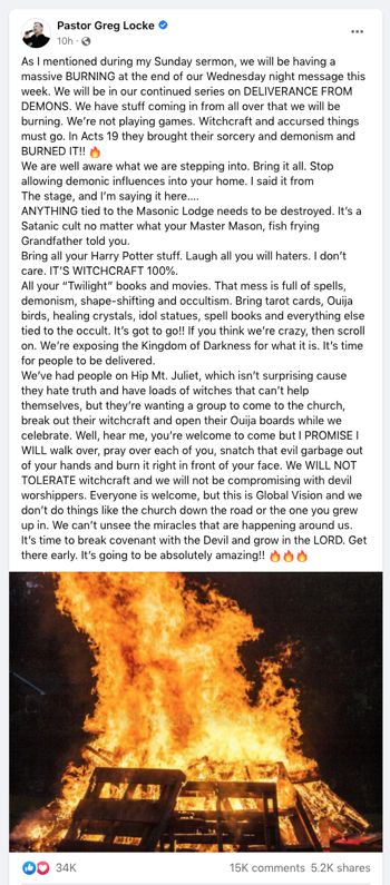 Screenshot of an instagram post by Locke showing a burning bonfire in the darkness and a long rant about witchcraft, demons and a call to his followers to bring satanic objects to burn at a wednesday night meeting on the church's campus