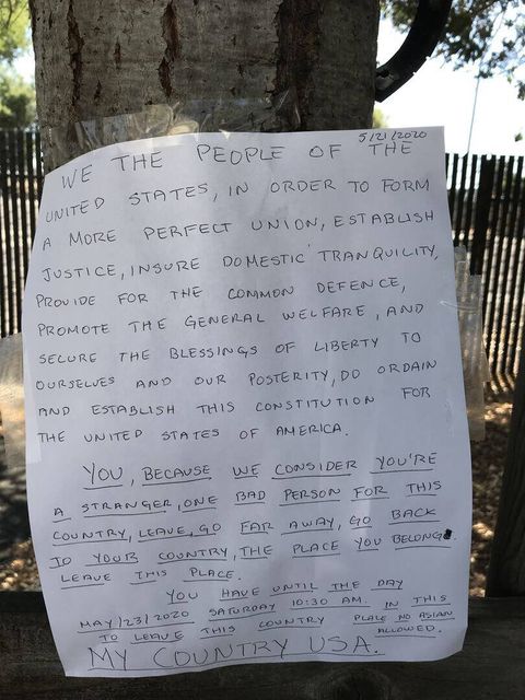 Racist flyer left on a person’s home in San Leandro. Taken from Trinny Wynn’s Facebook.