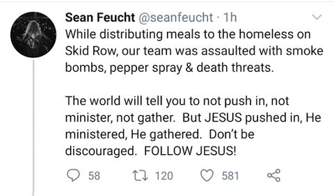Feucht's tweet claiming his cultists were 'assaulted with smoke bombs, pepper spray & death threats.' 