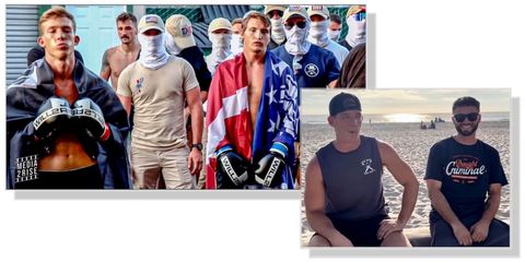 Left: Approximately 13 men are pictured standing clustered in a group. All but 3 of them have their faces obscured by the white gaiters and khaki hats commonly associated with Patriot Front nazis. Ever the thirsty promo model, a shirtless Grady Mayfield is standing in the foreground. His black and white Will2Rise branded boxing gloves are pressed together in an attempt to look tough, and a black and white silken flag is draped around his shoulders like a cape. To his left, Conner Patrick Moran wears matching Wil2Rise gloves, and a Patriot Front fasces flag as his topcoat. He stares off blankly, seemingly looking past the camera and hopefully reconsidering his life choices. | Right: Wearing a backwards black snapback hat and a faded black muscle shirt that says “Bad Boys Good Habits” in white print, Grady sits on top of a cement fence on the beach with his comrade Goff, who wears a black tshirt with orange and white screen print that says “Thought Criminal” is smirking at the camera. 