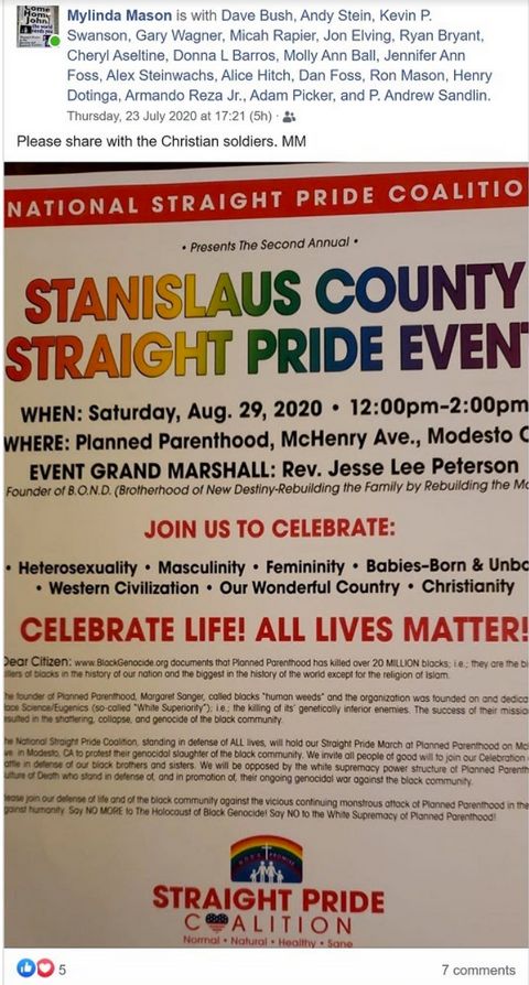 Mylinda Mason's announcement with the flyer for the 'Straight Pride Event.' 'Please share with Christian soldiers,' she says.
