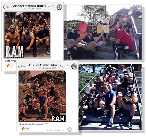 Top: An infamous RAM propaganda photo from 2018 depicts a group of young men wearing skull face masks sitting on a concrete staircase. A filter has been applied making the photo appear painted, and “R.A.M.” is printed in the bottom left corner in tall white block letters, the caption on the screenshot reads: “RAM 2018”. To the right, the men are posing on the same staircase, this time with books such as “No Risk Abs” and “Men Among the Ruins” to obscure their faces. | Bottom: A redux of the infamous RAM staircase photo was taken in June 2022, there is a filter applied making it appear to be drawn with pastels. Most of the members shown here are either wearing masks or have had their faces blurred, while others like Grady Mayfield and Robert Wheldon choose to show us exactly who they are. This time the white block letter “R.A.M.” is on the bottom right corner and the screenshot caption reads: “Rise Above Movement 2022”. To the right, another photo redux (because why have sort of original idea), has the same group of guys from June 2022 on the same staircase with books that they’ve likely never read used as props to obscure their identities (nice try by the way). 