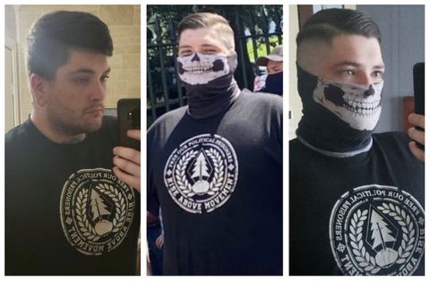  Three images, taken at three different times, showing the same man wearing the same black shirt with white writing that says ” Free Our Political Prisoners. Rise Above Movement”. 