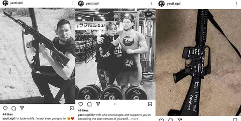 Nino Mejia croching while holding two long guns in the first instagram post, Rodriguez and Mejia at a UFC gym posing together and a black rifle with a lot of racist messages scrawled in white on it