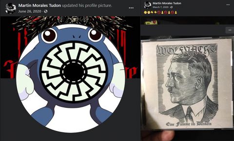 Tudón's Facebook profile pics and posts from 2020. On the left, the pokemon polywhirl, a blue frog with a big spiral on its belly except the spiral is replaced with a nazi sonnenrad and on the right a photo of a band's album with an illustration of Hitler on it