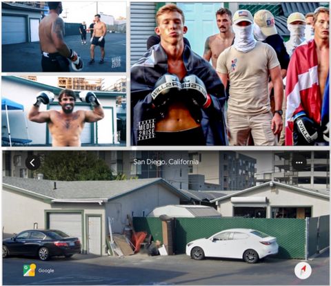 images of Patriot Front members posing in front of a house alongside fight participants wearing capes and boxing gloves with a separate google earth image of the house they stood in front of below