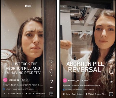 two shots from an Instagram Reel showing the two scenes. In the first screenshot, a skinny brunette woman puts her ear to a wooden door, listening to the other side. The text reads “I just took the abortion pill and I’m having regrets.” The second screenshot shows the otherside of the door, it’s the same woman knocking on the door, the text reads “abortion pill reversal.” 74 hearts, one comment.