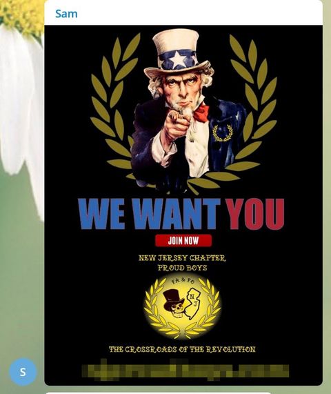 A 'Patriot Party NJ' member named Sam shares a Proud Boys recruitment flier with a picture of Uncle Sam surrounded by a laurel wreath. The poster reads: 'WE WANT YOU. JOIN NOW. NEW JERSEY CHAPTER, PROUD BOYS. THE CROSSROADS OF THE REVOLUTION'