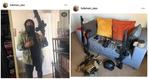 A man in a ski mask poses with a gun in one photo and his couch is set up to display several handguns, shotguns, a rifle, drum magazines and body armor and other such gear on a couch