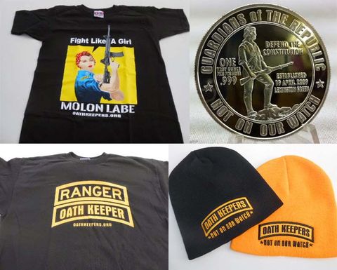 Silver challenge coins, yellow and black beanie hats, and other Oath Keepers-branded merchandise