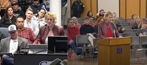 This image consists of two screenshots from the livestreams for Santee City Council and Oceanside Unified, respectively. In both images, Marcie Strange is visible with short blonde hair and a burgundy jacket. In both cases, numerous attendees are visible behind her. In both cases, she is looking down at her paper and addressing the city employees who are off-screen.