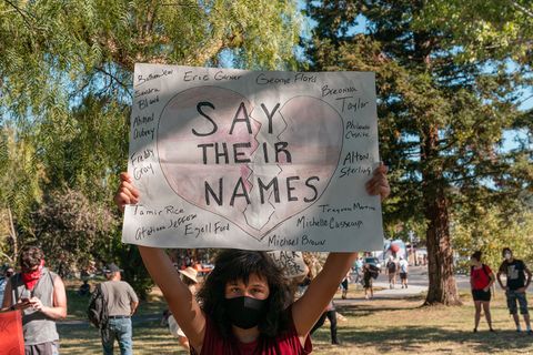 A protester holds a sign with the names of people killed by police in recent years during the “Zero Tolerance for White Supremacy” protest in Martinez, Calif., on Sunday, July 12, 2020.