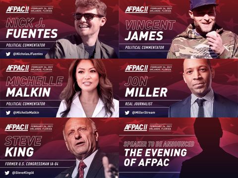 Flyer for AFPAC II with Nick Fuentes, Vincent James, Michelle Malkin, John Miller, Steven King and a mystery guest listed as speakers.
