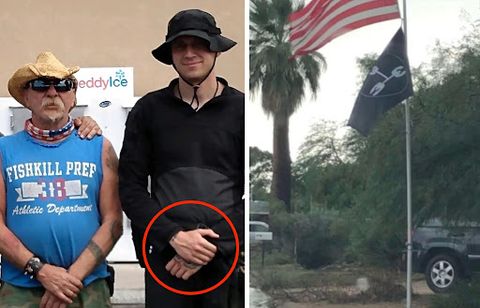 left picture shows Tyler Wentzel standing next to Michael 'Viper' Birdsong. They are both facing the camera, Tyler is wearing all black, including his sunhat. Wentzel’s hand tattoos can be seen clearly. Right: In Wentzel’s driveway, a flagpole with an American flag and his own UPA flag flies. The UPA flag is all black with a white upside down 'T' with a '3' at each point.