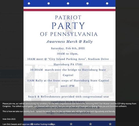 Flier posted in 'Patriot Party of PA' chat for 'Patriot Party of Pennsylvania Awareness March and Rally' scheduled for Feb. 6, 2021.