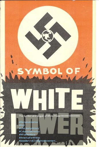 A post in the 'White Lives Matter Philadelphia' Telegram channel: the red and black Nazi swastika symbol with a black-and-white globe in the center. Below the swastika, the words 'SYMBOL OF WHITE POWER'