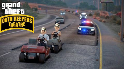 a poorly photoshopped image of two people driving golf carts fleeing a police chase from one of the grand theft auto videogames. the characters' heads have been replaced by Stuart Rhodes
