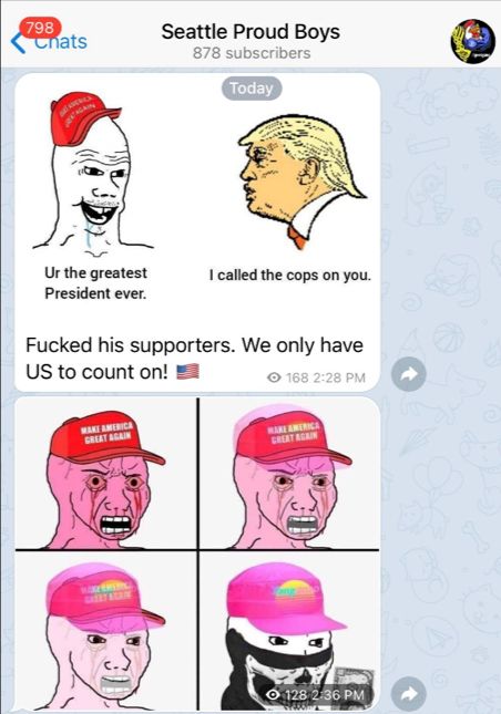 Meme on the Proud Boys Seattle Telegram depicting a Trump supporter turning into a neo-Nazi accelerationist wearing a half-skull mask popularized by Atomwaffen.