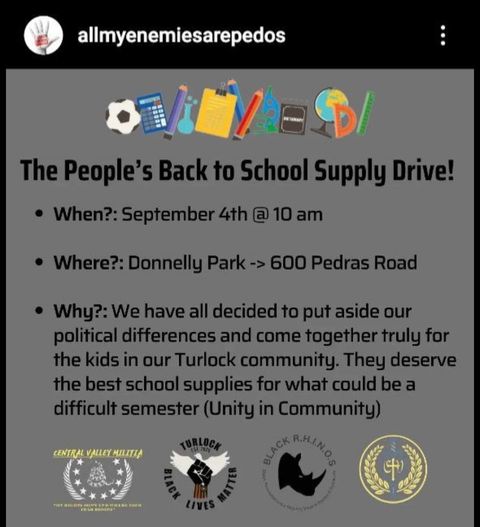 flyer for a back to school supply drive with the logos of Turlock BLM, the Central Valley Proud Boys, Central Valley Militia and an organization called Black Rhino