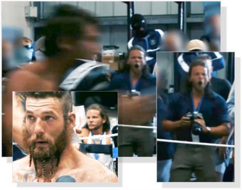 Patriot Front leader Thomas “Tommy” Rousseau is visible in all three photos posted here, his shoulder length hair is pulled back half up half down. Beginning left to right, he is shown behind Sean Kauffman wearing a white tank top and a blue lanyard around his neck. Next we see two shots of Tommy wearing khaki pants and a dark blue button down camp shirt, the sleeves are rolled up to the elbows and the same lighter blue lanyard is around his neck. He is standing front row outside the ring holding a camera and seems to be cheering on a fight in progress. 