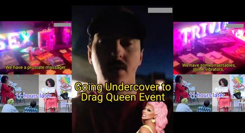 3 screenshots from Kyle Clifton’s video, the center photo shows his pale face and disgusting mustache facing the camera with the yellow text “going undercover to drag queen event.” He has a photo of Ru Paul added to the caption. The two photos sandwiching the center photo show Clifton’s footage from the sex trivia event where prizes are “a prostate massager” and “some interstable, some vibrators.” A light up sign reads “sex trivia” and beneath the footage shows a drag queen reading to children with the text reading “11 hours later…”