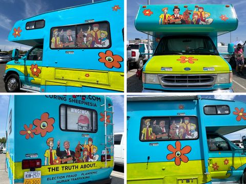 4 pictures showing each side of the heavily decorated Scooby Doo themed bus. Edits of the cartoon are mixed with photos of Trump and JFK Jr. Window wraps on the driver window show Trump, the passenger side shows Scooby. The back of the bus shows a large head of JFK Jr. with a MAGA hat and sunglasses, a sticker reads “WWG1WGA” and the bumper area reads “The truth about election fraud, pandemic, human trafficking.” The flowers printed all over the bus have stickers of Trump and JFK Jr. with the text “we got them all.”
