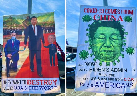 two large banners with anti-Chinese, racist messaging. The first is a photoshopped image of Xi Jinping walking Joe Biden on a leash and holding a child size version of Dr. Anthony Fauci. The text reads “They want to destroy the USA & the world.” The other banner shows an edited Xi Jinping as a COVID-19 virus. The text confusingly reads “Covid-19 comes from China then NOW why Biden’s Admin…..? Buys the: mask N95 & test kits from C.C.P. for the AMERICANS.”