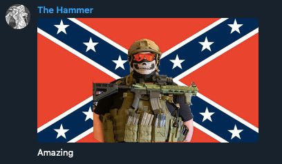Josh Barham standing with his rifle balanced on his gut above his plate carrier. He's fully kitted out in body armor with a confederate flag poorly photoshopped behind him. The caption on 'The Hammer' telegram channel where it was posted reads 'Amazing.'