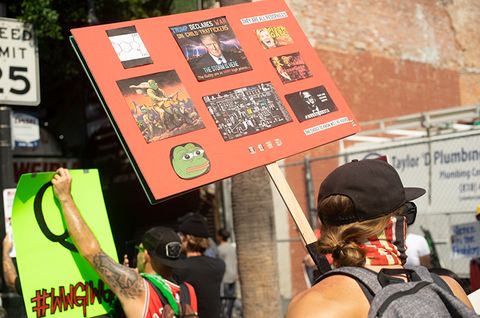 A man holds up a sign with a bizarre moodboard collage of Pepe, Trump and QAnon memes.