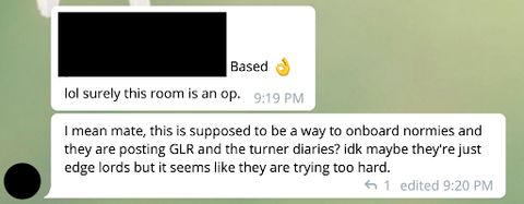 A Telegram message edited to remove identifiable information. Message reads: 'lol surely this room is an op. I mean mate, this is supposed to be a way to onboard normies and they are posting GLR and the turner diaries? Idk maybe they’re just edge lords but it seems like they are trying too hard.'