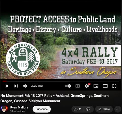A flyer that says "protect access to public land. heritage, history, culture, livelihoods. 4x4 rally saturday feb 18th 2017 in southern oregon" with a logo that says "no monument our land our voice" with a III% logo on it
