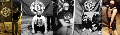 Five separate images of Ryan Drago attempting to cover his identity as a member of TAC-AZ. He wears plain or skull gators and the same chunky white watch in the photos with the top of his very distinguishable head exposed. He is posing in front of the “Tribal Active Club Arizona” flag in three photos and holding a corner in the other two. In the first photo, he is wearing his “RWDS” (right wing dead squad) shirt.