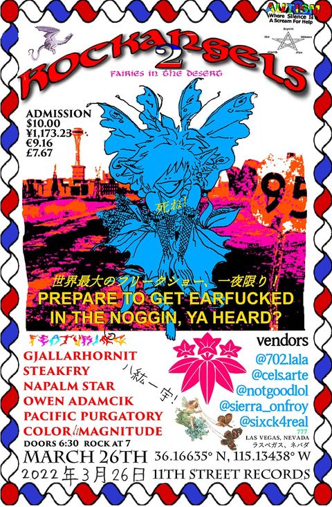 Flyer for rock angels 2 listing the bands and depicting a cartoon fairy girl with las vegas's skyline in the background and the words 'prepare to get earfucked in the noggin ya heard?'